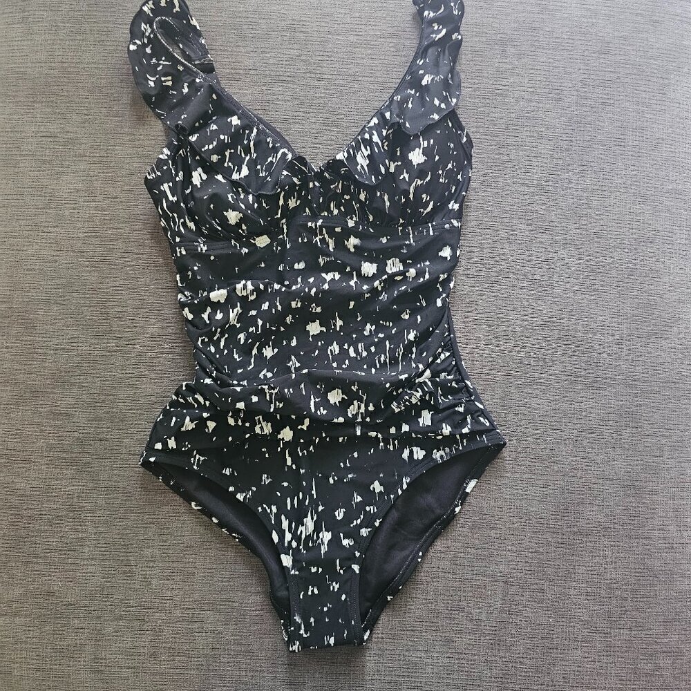 DKNY Women's Black Ruffled V- Neck One-piece Swimsuit Size Medium - Picture 4 of 14
